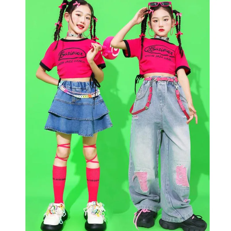 Teen Girls Hip Hop Clothing Denim Pants Children Sweet Tshirt Tiered Skirt Kids Streetwear Jazz Street Dance Costume Clothes