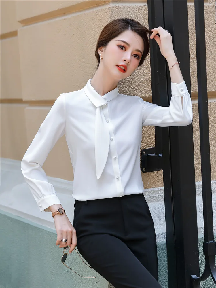 Women\'s Elegant Long Sleeve Shirts Blue White Pink  Bow Tie Work Wear Blouse Formal Offcie Tops Fashion Autumn 2023