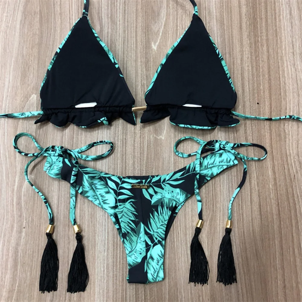 Leaves Print Bikini Tassels Strappy Swimsuit Backless Halter Swimwear Two Piece Trend Women Beach Bathing Suit Bikinis Thong Set