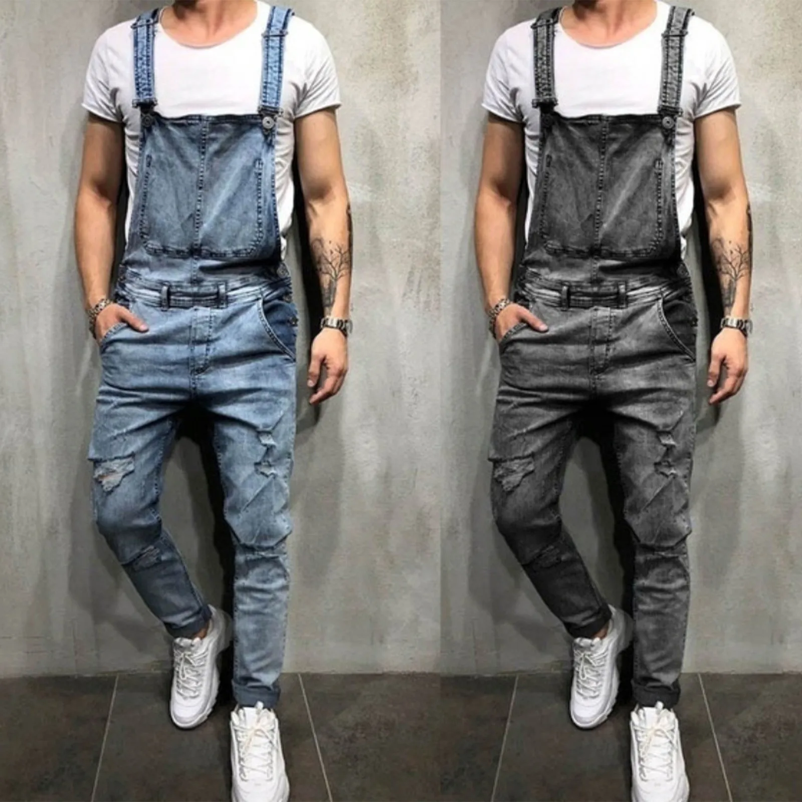 Mode Herenbroek Gescheurde Jeans Overall Jumpsuits High Street Distressed Denim Bib Overall Voor Man Jarretel Jumpsuits