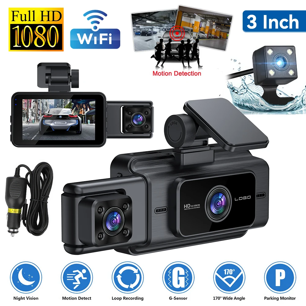 Wifi Dual Lens Dash Cam Camera 3 inch Screen DVR Camera Video Recorder Driving Recorder Loop Recording Night Vision G-sensor