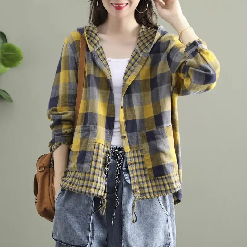 Vintage Printed Spliced Shirring Pockets Hooded Plaid Shirt Women\'s Clothing 2023 Spring Autumn New Casual Tops Korean Blouse