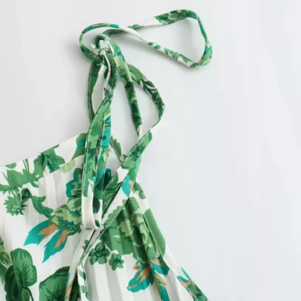 Abito estivo con stampa floreale verde Abito americano a trapezio con cinturino per spaghetti senza maniche Abiti larghi di media lunghezza Abiti da festa in spiaggia per le vacanze