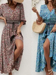 Summer Women's New Sexy V-neck Seven Quarter Sleeve Lantern Sleeve Waist Tied Bohemian Dress Travel Vacation Beach Dress