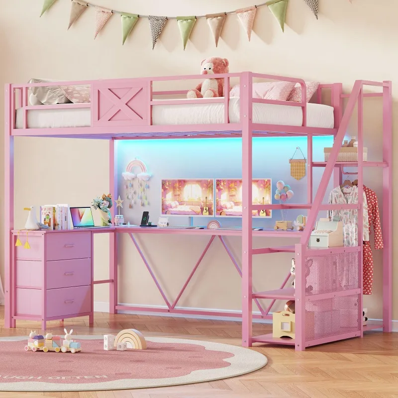 Stairway Twin Size Loft Bed with L Shaped Desk and Wardrobe, Metal Loft Bed Frame with Stairs, 3 Fabric Drawers, LED