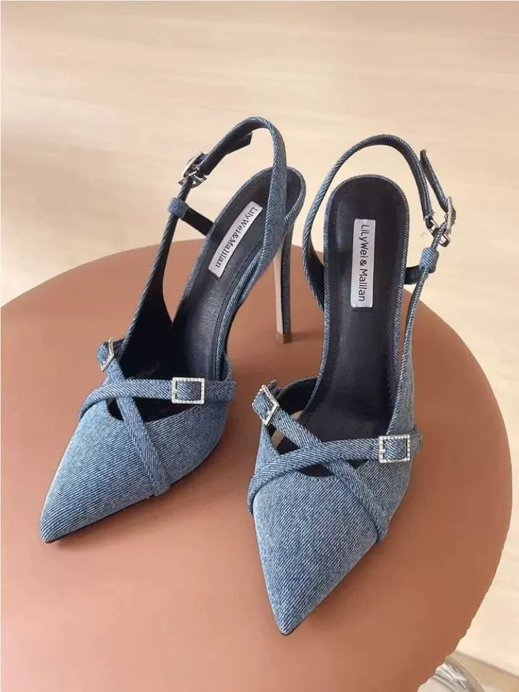 

Spring and summer new pointed denim buckle low-heeled shoes thin high-heeled dress large size small size women's sandals