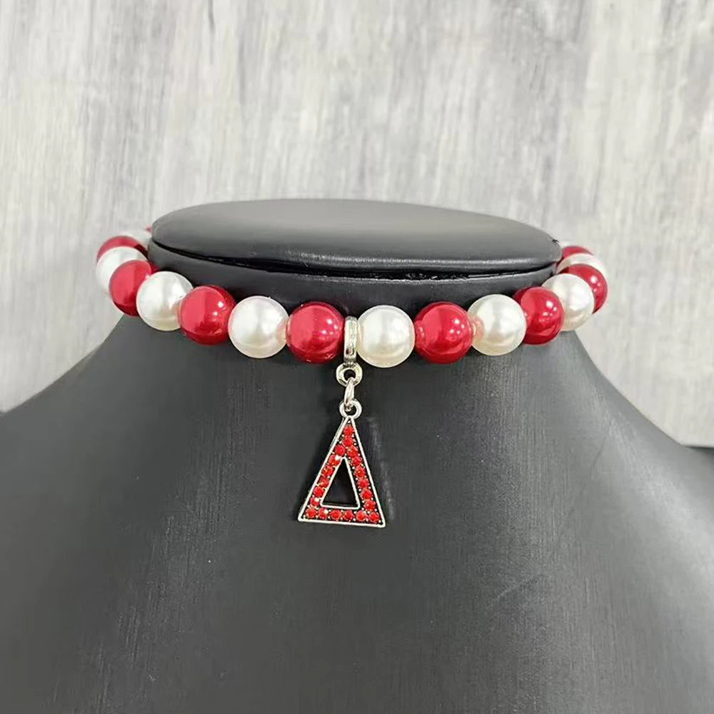 5pcs 10mm Red & White Pearl Red Rhinestone Pyramid Pendant Elastic Bracelet
