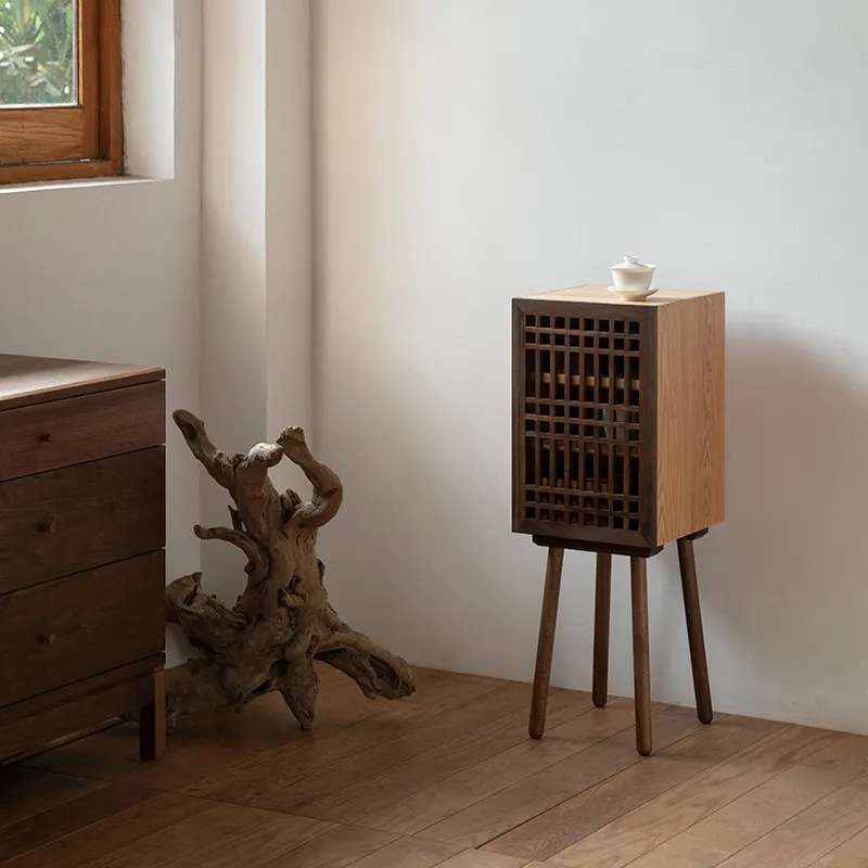 Solid wood side table lattice door oak walnut tea cabinet small locker decorative cabinet