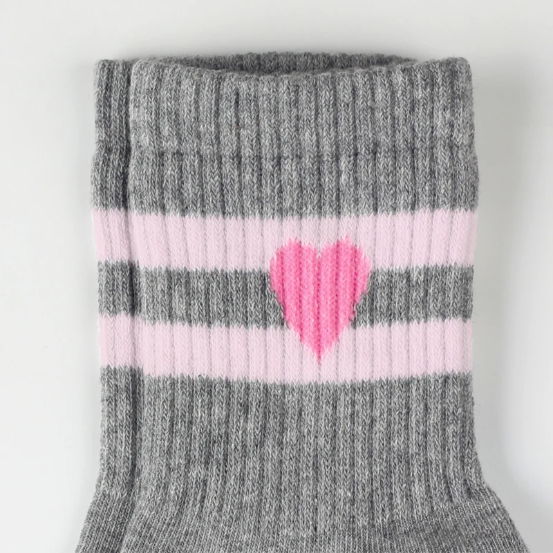 4 pairs long pink, white and grey girls' sports socks,  a retro striped heart pattern.  kid's socks suitable for all seasons. image 6