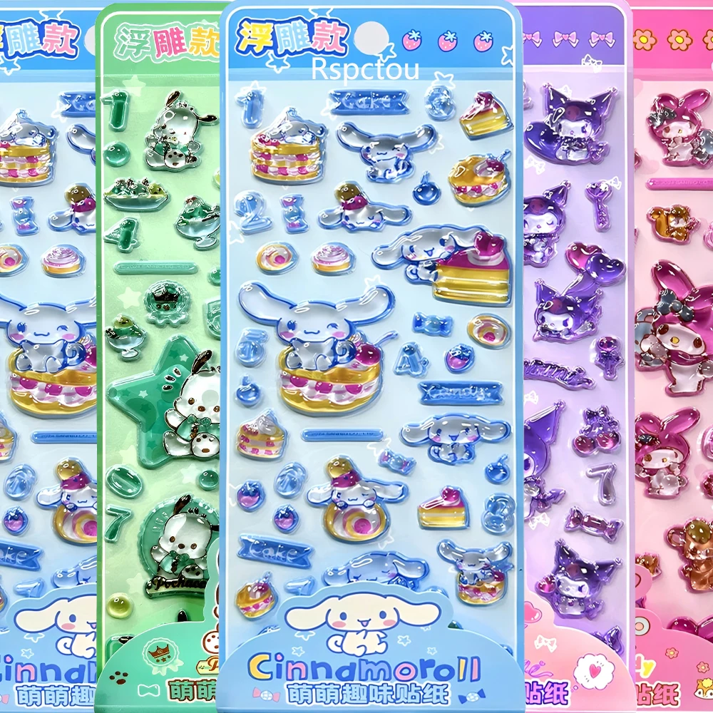 

4pcs Cute Sanrio 3D Crystal Stickers Aesthetic Cartoon Decoration Decals Pochacco Cinnamoroll My Melody Kuromi Relief Sticker