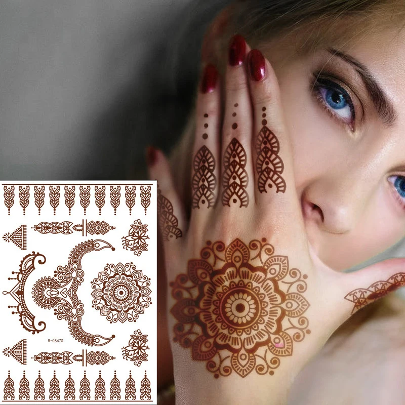 Red Lace Henna Tattoo Sexy Maroon Tattoo Stickers Waterproof India Mehndi Design Temporary Tattoos Finger Hand Tattoo For Women