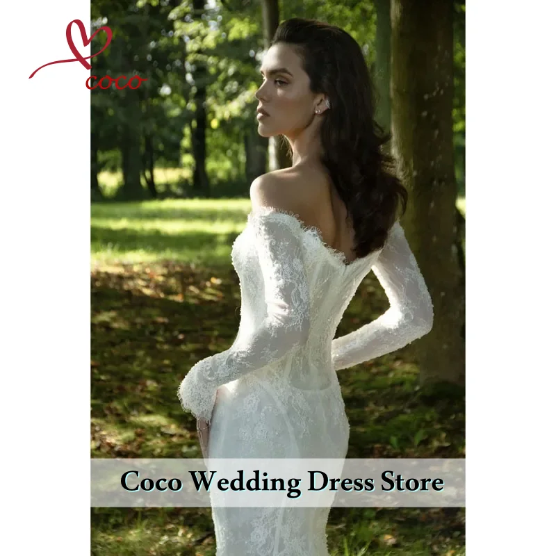 فساتين زفاف دانتيل أنيقة مكشوفة الكتفين مخصصة بدون حمالات حورية البحر زي العرائس كم طويل ثوب زفاف رداء de mariée #3