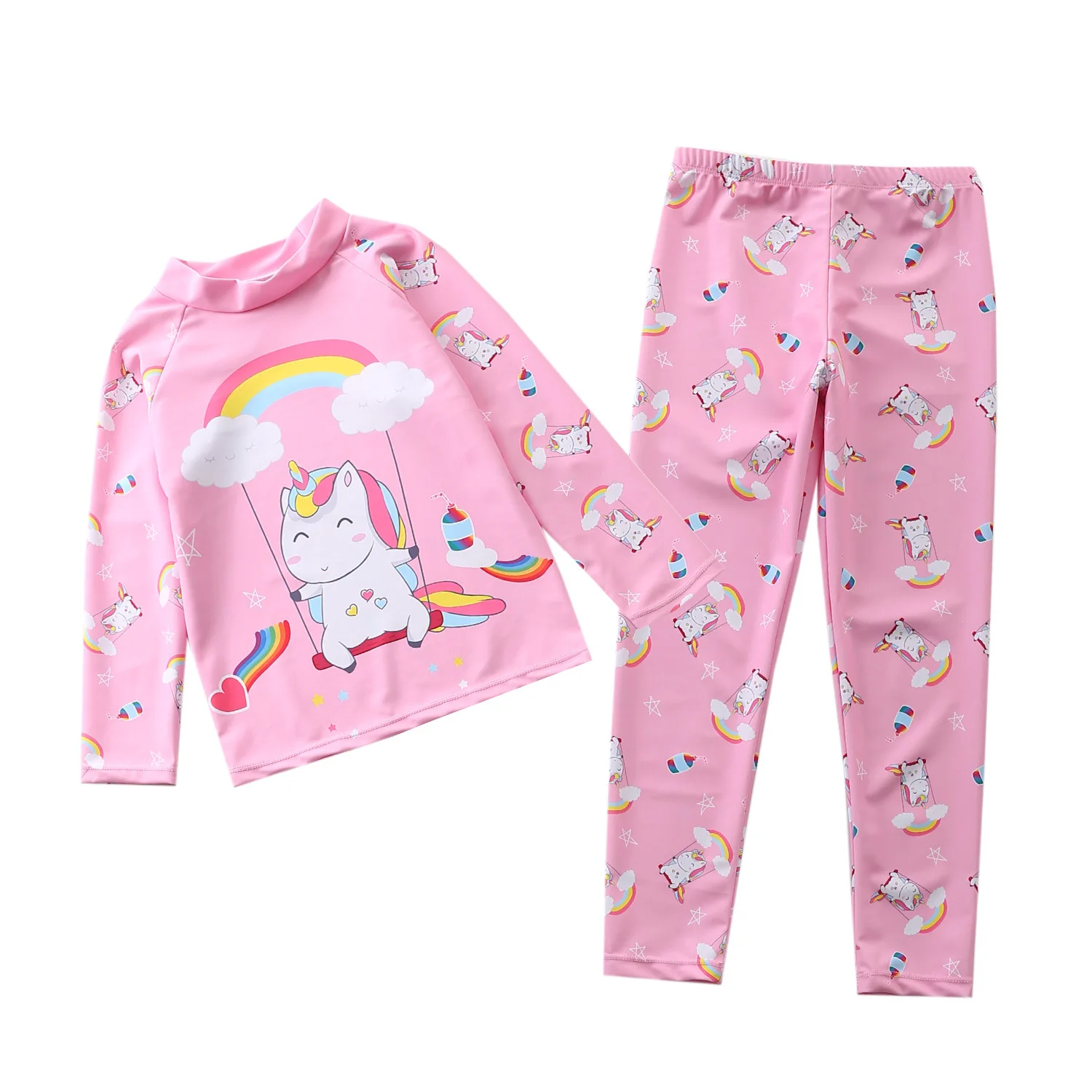 

HappyFlute New Pink Unicorn Prints Split Long Sleeve Waterproof &Quick Dry Girls Vacation Swimsuit