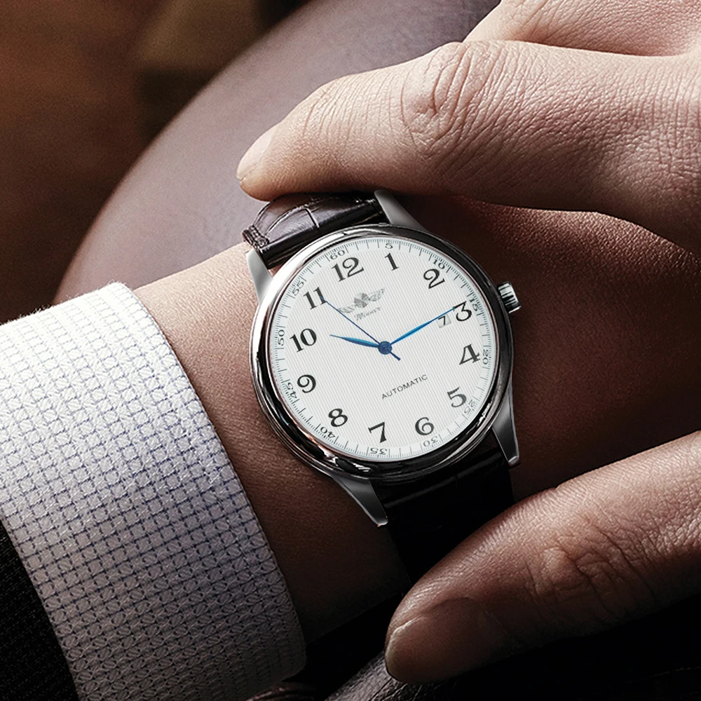Winner Klassische Business-Armbanduhr für Herren, Retro-Kalender, blaue Zeiger, automatische mechanische Uhren, Top-Marke, Luxus-Stahl-Ledergürtel – Detail 10