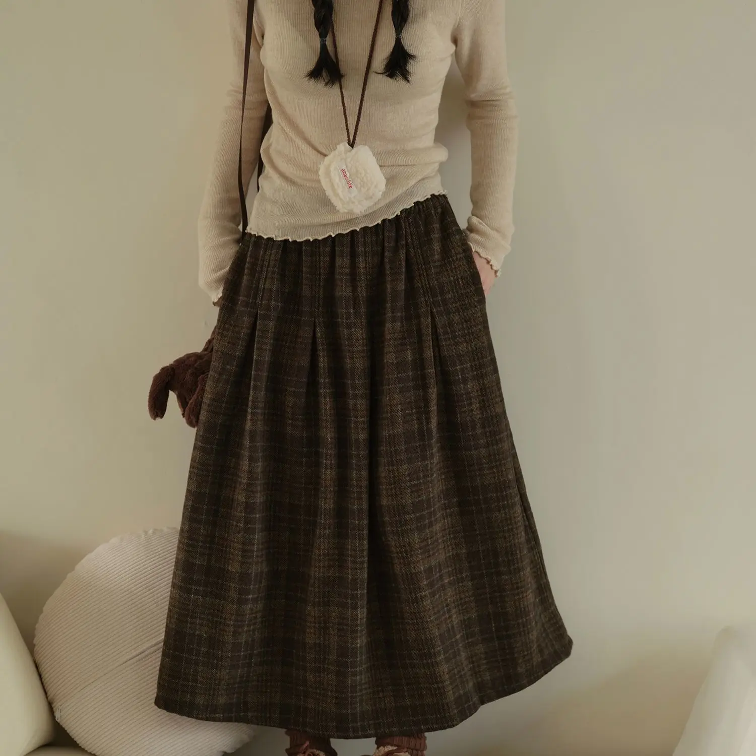 

Gagarich 2026, весенне-осенняя юбка-миди в стиле ретро, новый дизайн, клетчатые пышные шерстяные длинные эластичные юбки для похудения с высокой талией