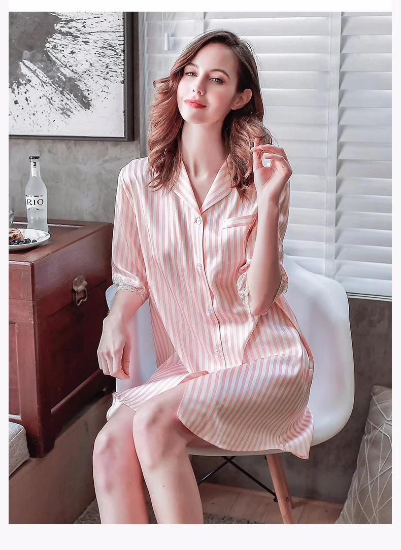 100% Silk Stripe Nightshirt for Women Female Lace Trim Nightgown Pocket Design Loose Sleepshirt Night Dress Lady Silk Sleepwear