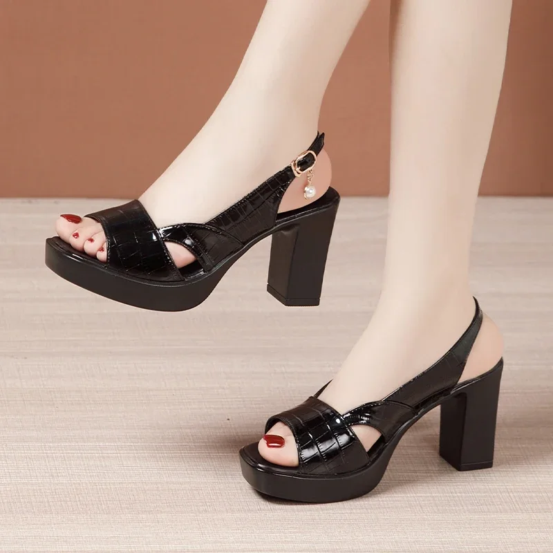 8cm Open Head Genuine Leather Sandals Woman Block High Heels Shoes Summer 2024 Ladies Office Thick Platform Sandals Beach Mom