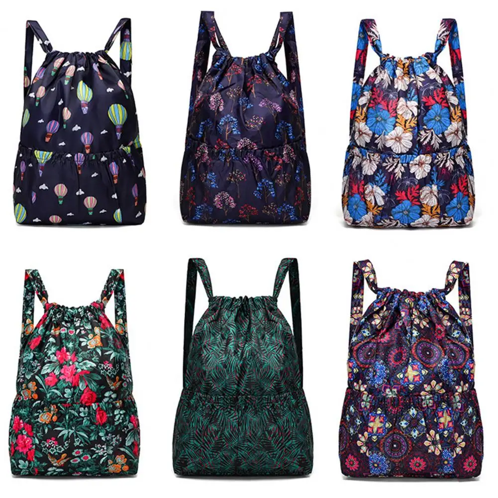 Women Vintage Drawstring Backpacks Flower Print Rucksack Outdoor Travel Camping Waterproof Nylon Rucksack Shoulders Backpacks
