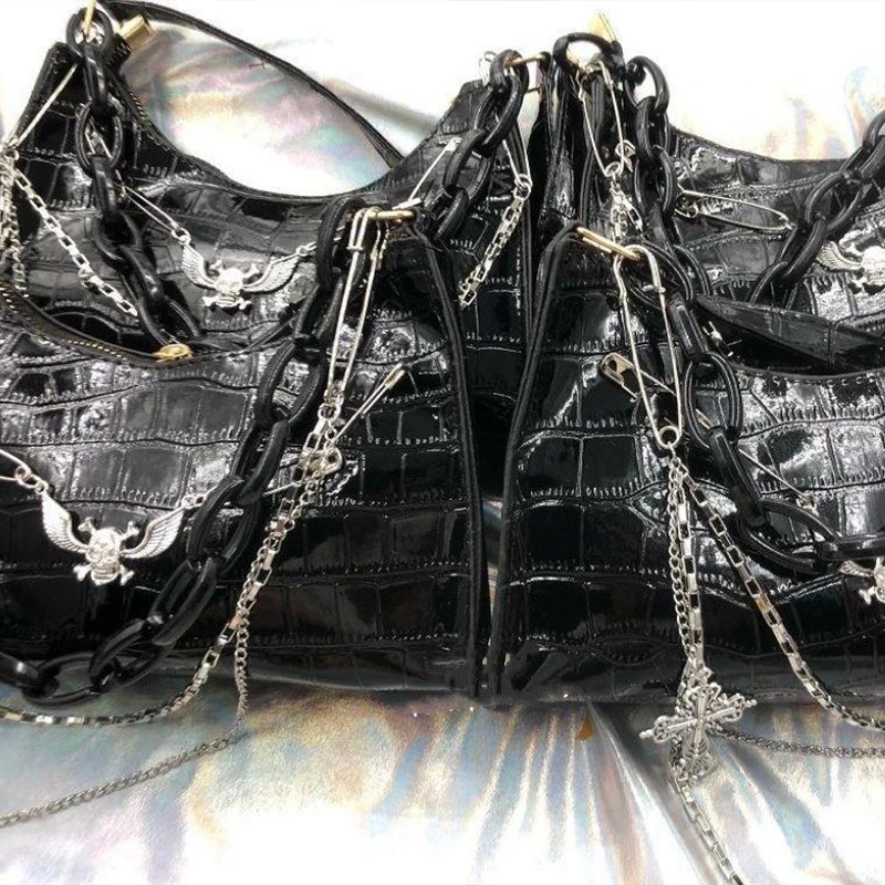 Krokodil Muster Handtasche Y2k Kreuz Schädel Umhängetasche Hot Girl Kette Sommer Subkultur Dark Punk Unterarm Tasche – Detail 17