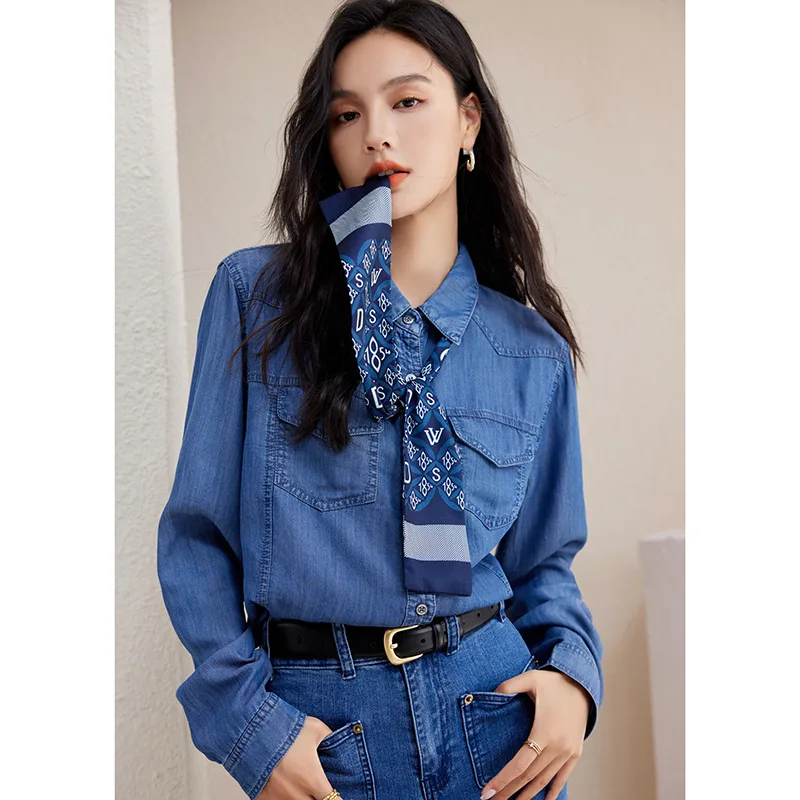 Mùa Xuân Và Mùa Thu Mới Denim Thời Trang Áo Sơ Mi Nữ Túi Thiết Kế Cổ Áo Kadin Bluzlari Áo Kiểu Nữ Thời Trang 2022