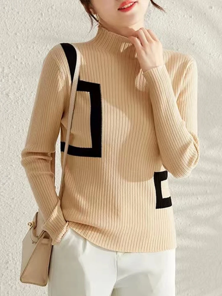 Turtleneck Sweater For Women 2023 Autumn Contrast Color Knitted Tops Long Sleeve Slim Pullovers Sweaters Female Winter Clothes