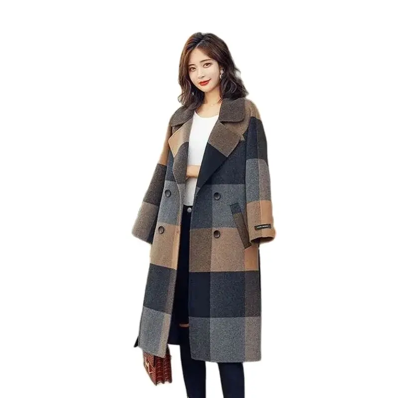 Autumn And Winter New Korean Version Of loose Temperament Plaid Long Woolen Coat Women Waist Tie Slim Fashion Woolen Coat Tide.