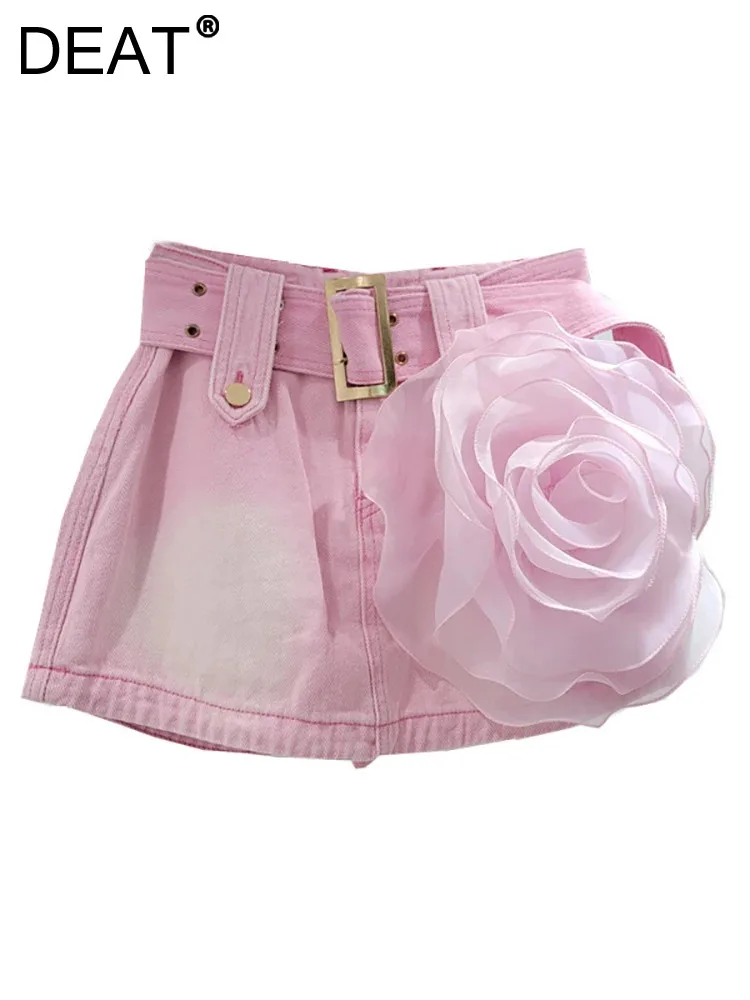 

DEAT Women's Denim Skirt Pink 3d Mesh Flower A-line High Waist Wide Belt Wrap Hip Mini Skirt 2024 Summer New Fashion 29L7158