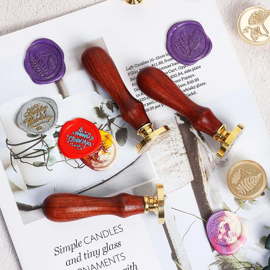 Antique Red Wood Wax Seal Handle With Replaceable Copper Stamp Head DIY Handicraft Wedding Invitation Retro Sealing Stamp Tool view 4