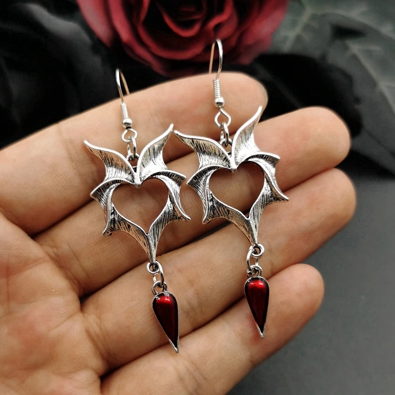 Pendientes de corazón de aceite de goteo Punk Vintage gótico para mujer, alas de murciélago, pendientes de ganchillo, accesorios de joyería gótica