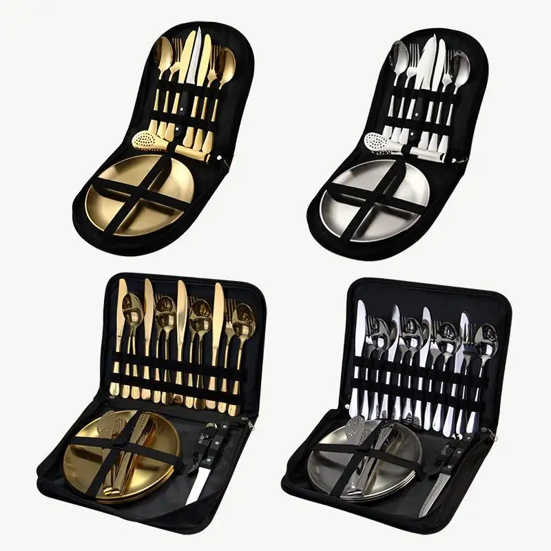 new-outdoor-travel-stainless-steel-cutlery-camping-picnic-steak-dishware-portable-foldable-modern-style-tent-camping-gear