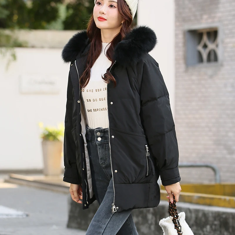 Winter Hooded Big Fur Collar Down Jacket Cotton Padded Parka Loose Warm Snow Windbreaker Jacket Warm Waterproof Outwear