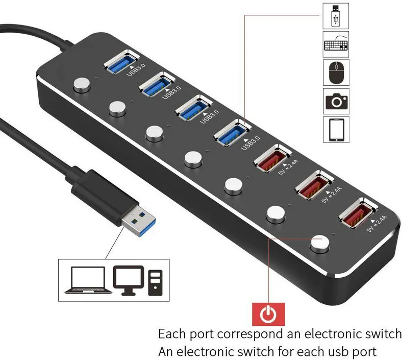 Usb-хаб с адаптером питания, 10 портов, высокоскоростной Usb 3.0, разветвитель зарядного устройства, несколько расширителей 2,0 с переключателем для аксессуаров для ПК