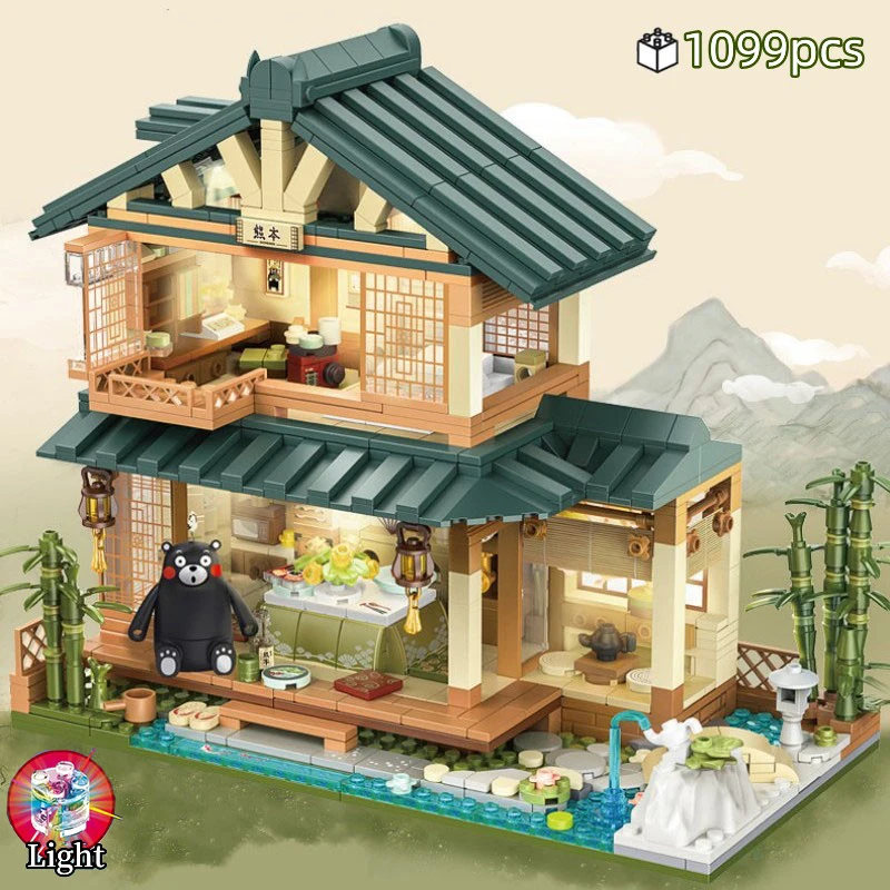 1099 Uds. Casa con vista a la calle de estilo japonés, modelo de habitación Tatami, bloques de construcción DIY, arquitectura urbana, juguetes para niños, regalos