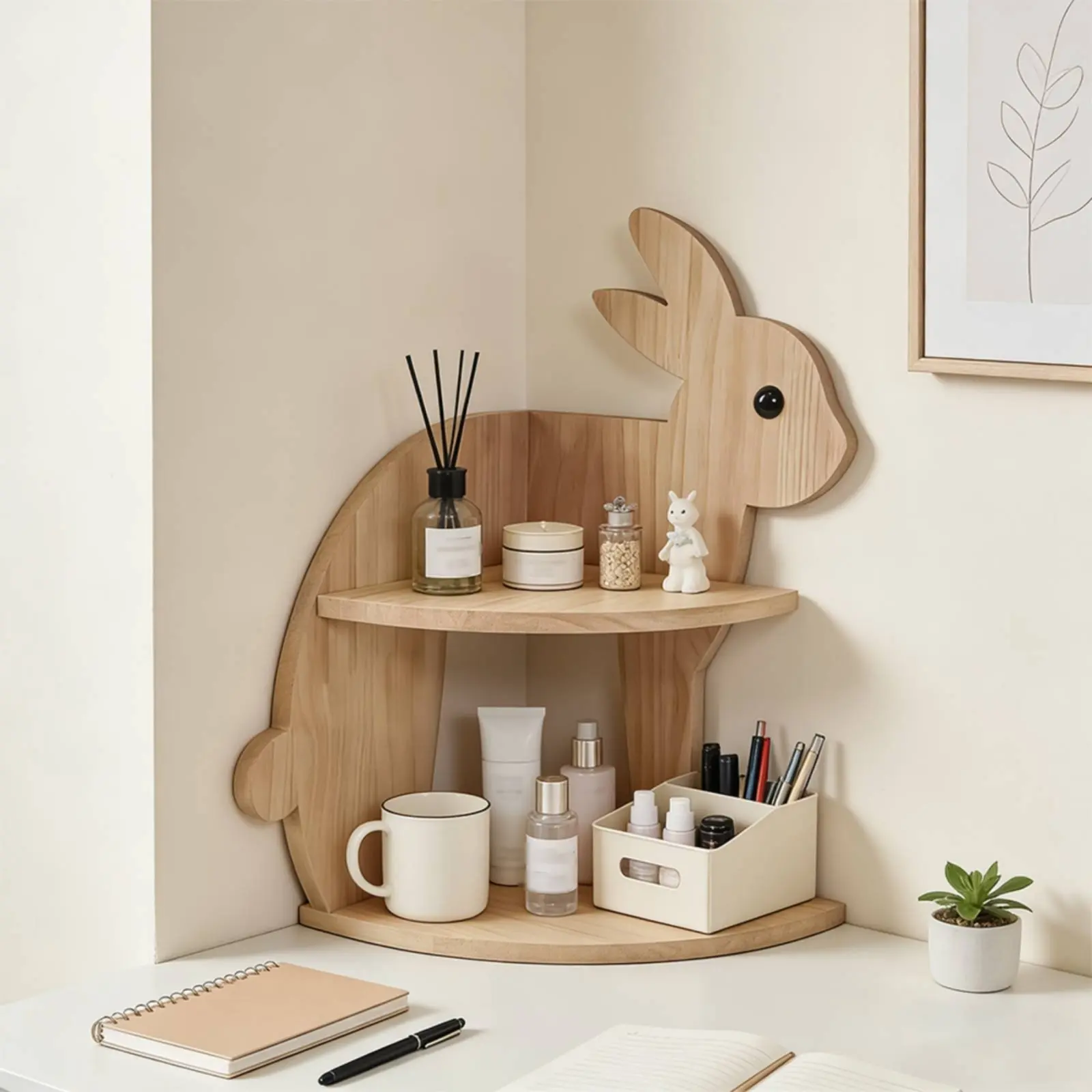 Rabbit Corner Shelf Space Saving Bunny Storage Rack Wooden Corner Organizer Modern Design Sturdy Construction for Children