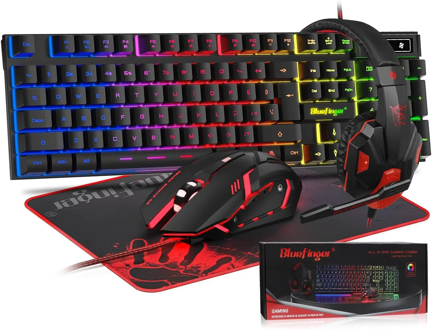RGB Gaming Keyboard, Mouse & Headset Combo, USB Wired Backlit LED Set with Microphone for PC Laptop Game Work — RGB