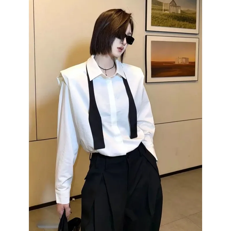 Early Autumn New Style Ribbon Shoulder Pad Long-sleeved Shirt Women's Style Niche Top Blouses