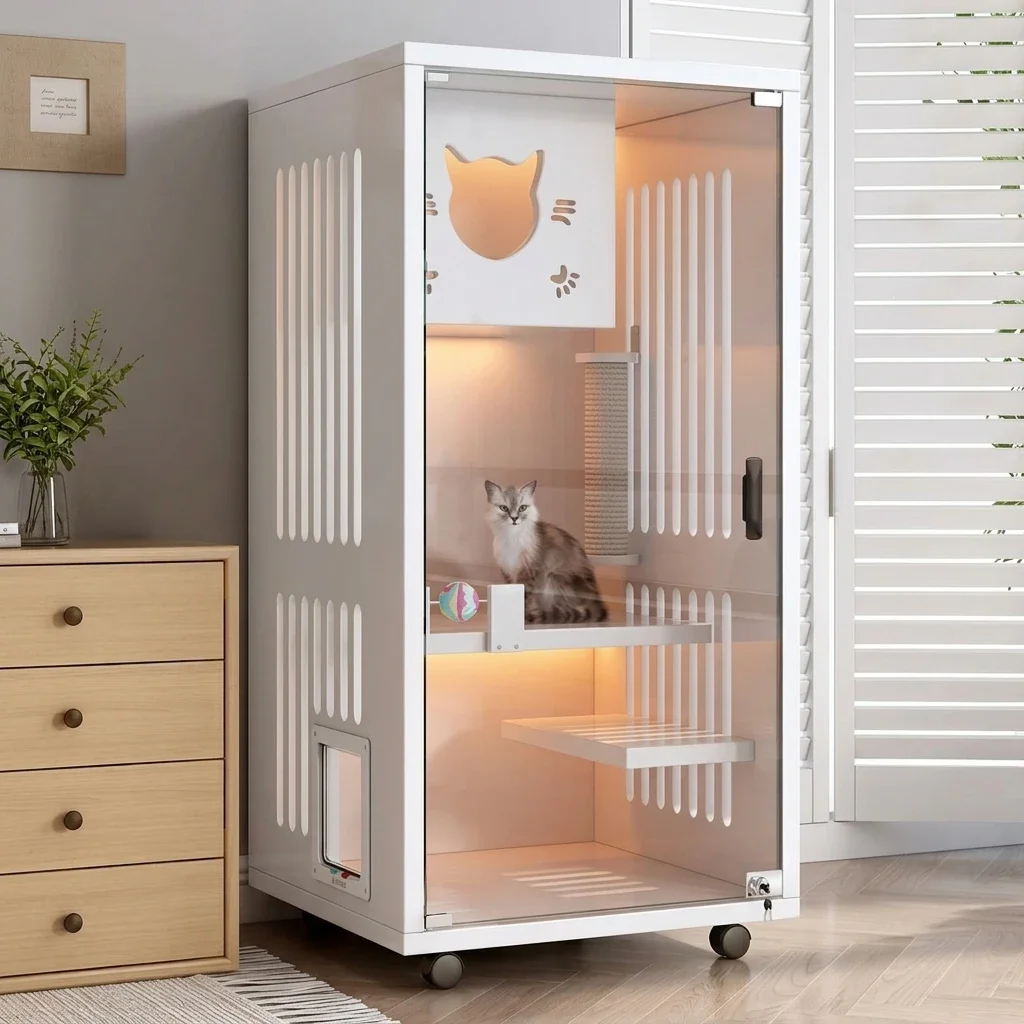 aLuxury Large Solid Wood Pet House Modern Cat Cabinet with Panoramic Display and Button Closure Multifunctional Cat Villa