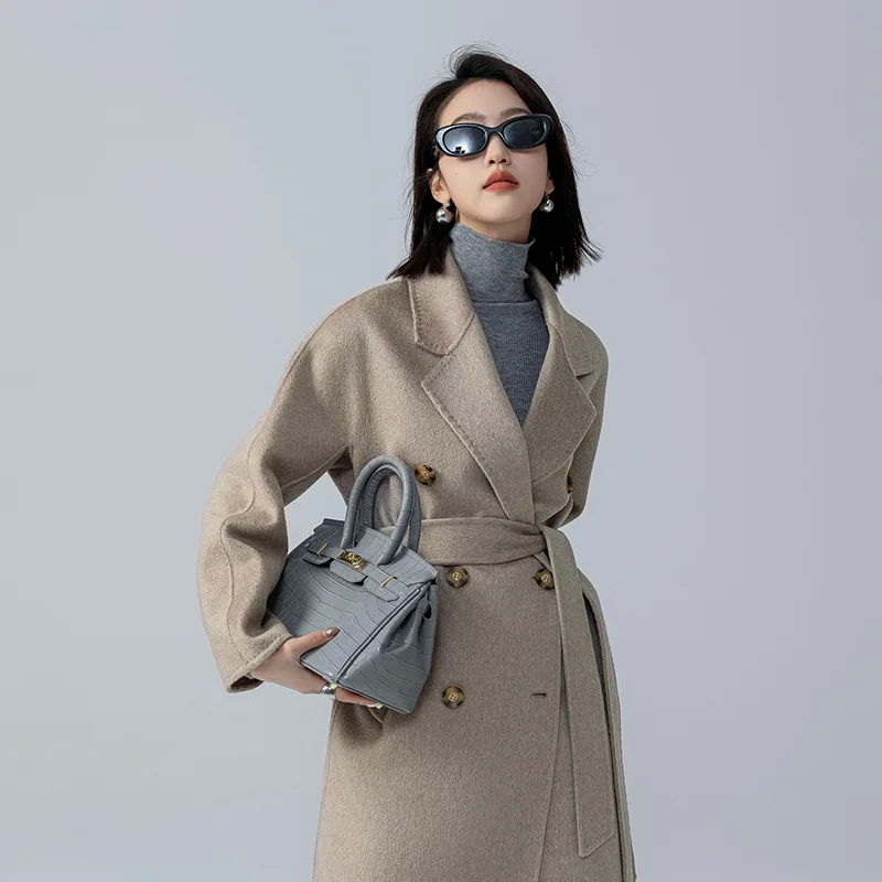 Shoulder 100% wool water ripple coat premium sense double-breasted double-leg straight-leg suit for women