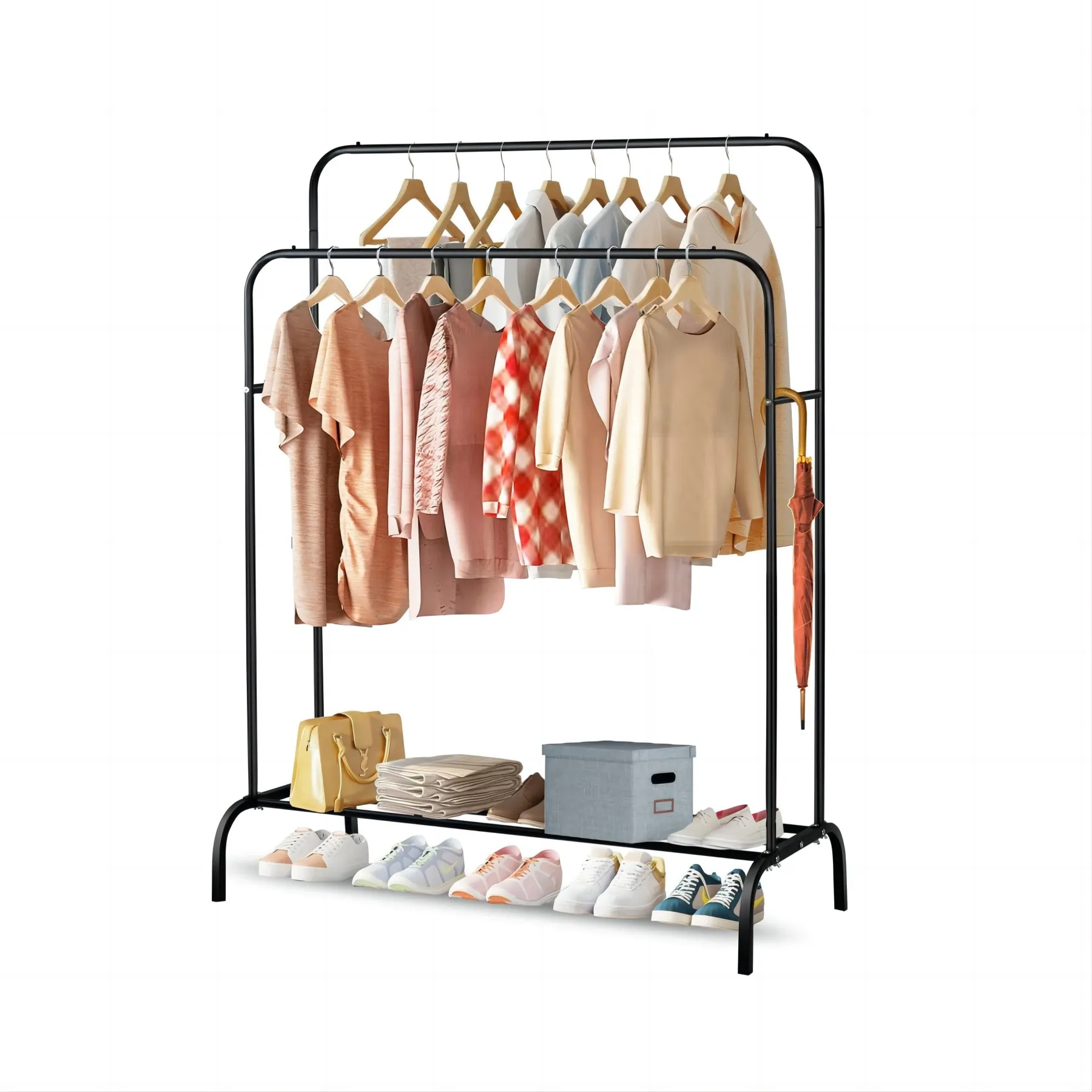 2 Layer Multipurpose Clothing Garment Rack Bottom Shelves,Metal Clothes Stand Rack Rod and Storage Shelf,Bedroom,Black