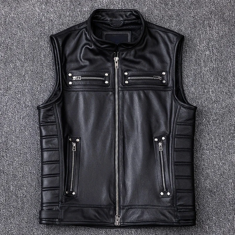 

Cowhide Genuine Leather Vest Men Motorcycle Biker Vests High Quality Stand Collar Sleeveless Jackets Zipper Waistcoat 2024 New