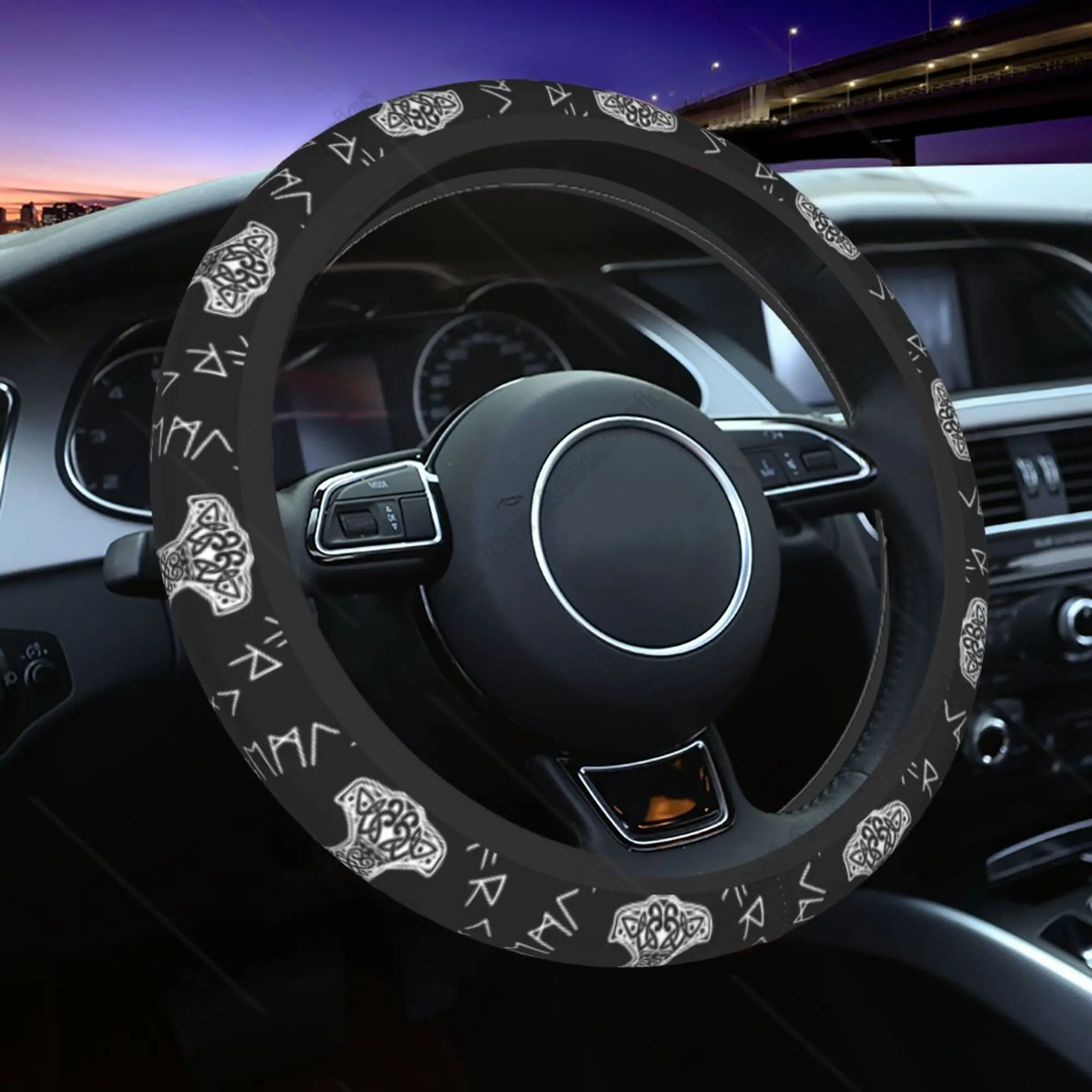 Vikings Mjolnir and Rune Steering Wheel Cover Auto Steering Wheel Cover Protector Anti-Slip Durable Universal 15 Inch