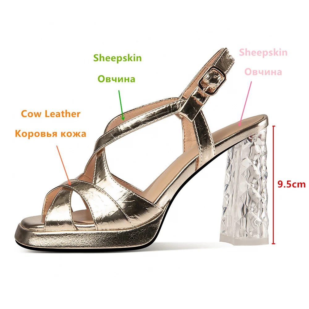 Aucegi Classic Style Women Platform Square Peep Toe Summer Buckle Strap Transparent High Heel Wedding Event Manual Made Shoes