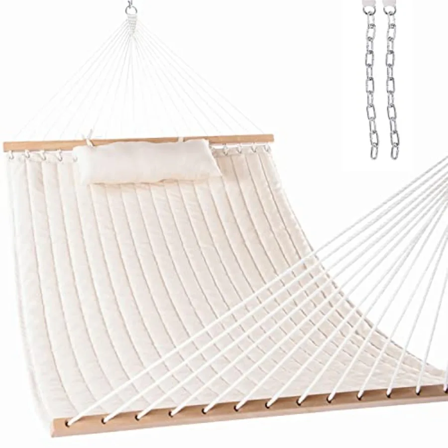 

Outdoor patio backyard poolside 12 ft double quilted cotton hammock with spreader bar and detachable pillow, beige, 450 lbs cap