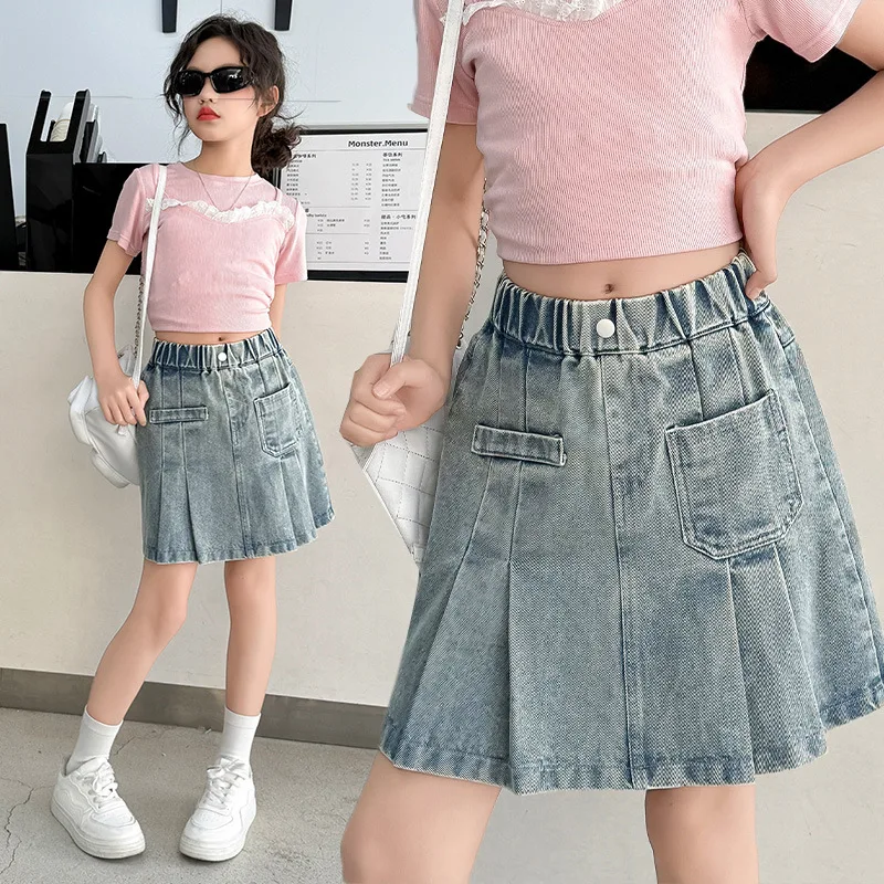 

Джинсовая юбка трапециевидной формы для девочек-подростков, лето 2021, детская джинсовая плиссированная юбка, детская одежда, винтажная одежда с карманами и оборками от 6 до 16 лет