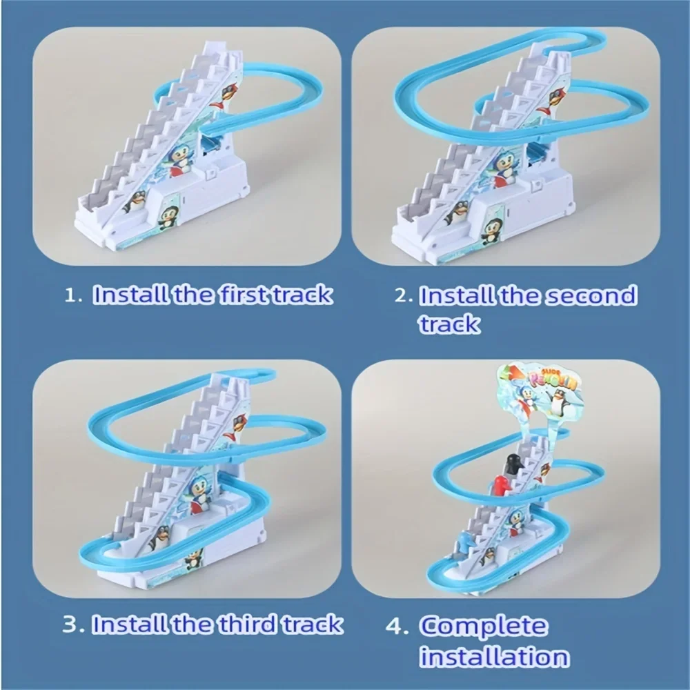 Conjunto de corrida de pinguim, conjunto de slide de pinguim, luzes led piscantes, pista de corrida, escada, brinquedos de escalada, presente de feriado para crianças