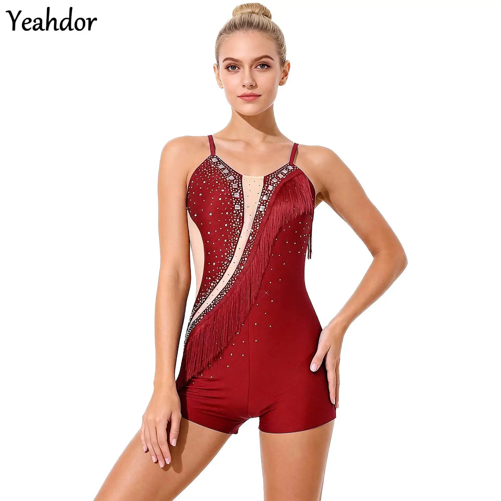 Justaucorps de danse latine à franges pour femmes, body avec strass, Patchwork transparent, jambes de garçon, barboteuse à franges, combinaison de patinage Tango cha-cha