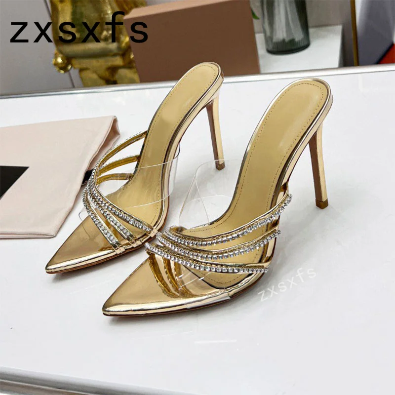 

2023 Summer New PVC Crystal Thin High Heels Slippers for Women Slip On Pointy Toe Pumps Brand Sexy Party Shoes Mujer