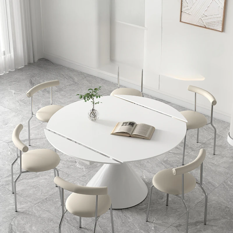 

Creamy style pure white matte slate dining table swivel retractable folding waltz dining table square round dual-purpose table