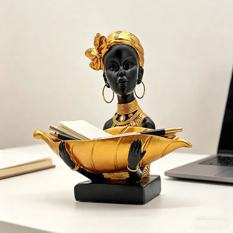 African Woman Bust Storage Tray Resin Statue Black Gold Leaf Jewelry Key Holder Modern Luxury Entryway Tabletop Decor Ornament
