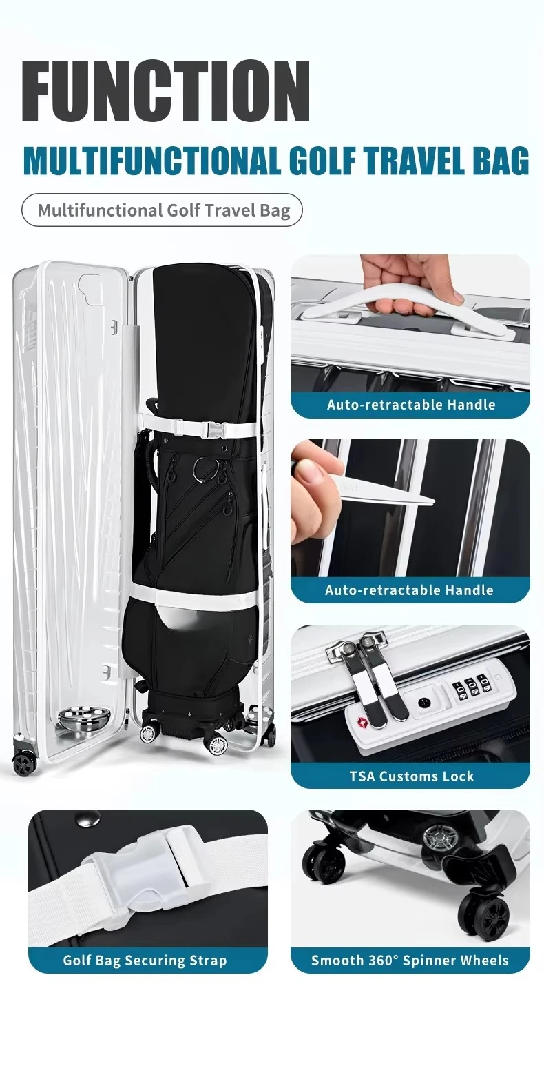 Large Capacity Transparent Waterproof Hardshell Airline Checked Golf Travel Bag with Wheel 5.55kg Zipper Closure view 6